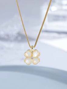 1件欧美镀金猫眼石心形花瓣项链，女士花卉颈链吊坠配饰 - 金黃色 - 查看 3