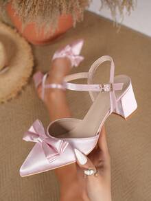 新款春夏时尚女式尖头高跟鞋，踝带粗跟凉鞋，粉色蝴蝶结休闲舒适鞋 - 粉色 - 查看 1
