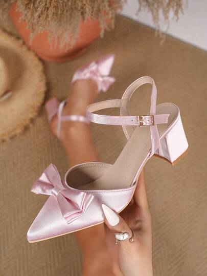 新款春夏时尚女式尖头高跟鞋，踝带粗跟凉鞋，粉色蝴蝶结休闲舒适鞋