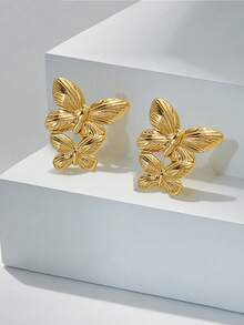 1 Pair 304 Stainless Steel Double-Layer Butterfly Earrings, European And American Style For Party, Banquet, Travel, Wedding, Holiday, Daily Wear, Mother's Day Gift - Gold - View 5