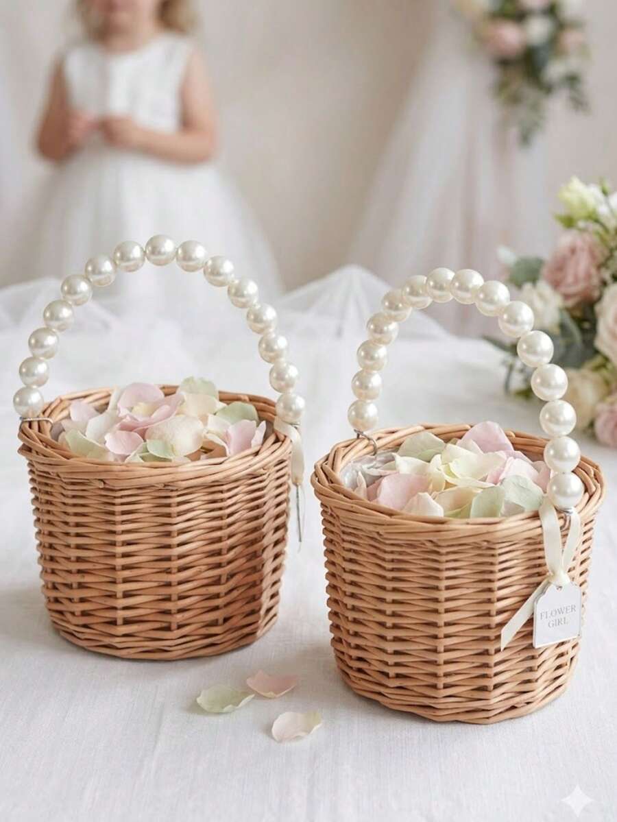 Woven Flower Basket With Pearl Handle, Flower Girl Basket, And 100pcs Ivory Satin Rose Petals, Suitable For Weddings And Home Decor - Multicolor - View 1
