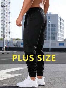 Plus Size Men's Solid Color Printed Knit Jogger Pants, Lightweight Drawstring Casual Outdoor Hiking Travel Running Workout Trousers Sports - Black - View 4