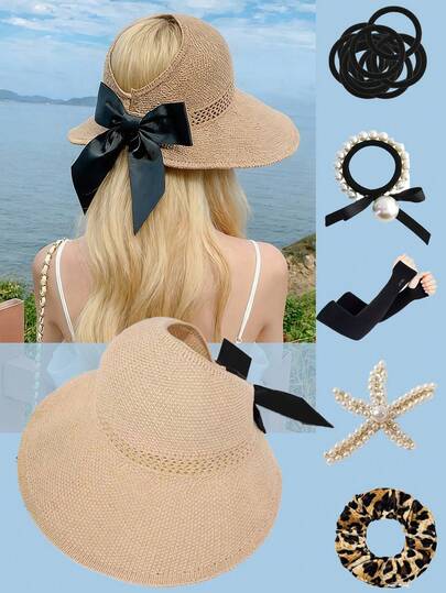 遮阳帽，赠品可选：10条黑色发带、珍珠发带、珍珠发夹、可收纳豹纹发带和冰丝袖套，女士宽檐草编卷边马尾夏季沙滩帽，防紫外线，可折叠收纳，旅行波西米亚风蝴蝶结