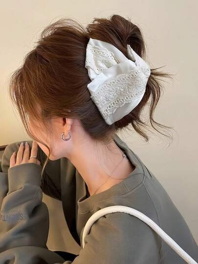 1 chiếc kẹp tóc nơ ren satin trắng - Kẹp tóc kiểu Pháp thanh lịch - Phụ kiện tóc cổ điển lãng mạn dành cho nữ