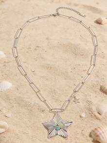 Dây chuyền mặt hình ngôi sao bạc đính đá ngọc lam dành cho nữ, kiểu Bohemian, màu vàng, thích hợp cho kỳ nghỉ hè trên bãi biển, làm từ thép không gỉ, kiểu dáng tối giản như dây chuyền kẹp giấy. - Bạc - Xem 3