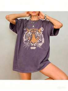 Vintage Tiger Tee - Retro Animal  T-Shirt, 90s Animal Gift For Tiger Lover, Wild Cat Shirt, JungleTiger Graphic Tee220G Heavyweight1830% CottonT-Shirt - 紫色 - 查看 4