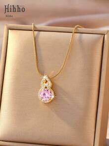 Hihho 1pc Luxury Gold Gourd Necklace, Featuring High-Shine White Main Stone And Full Rhinestone Pave, Gourd Design Symbolizes Blessings And Prosperity, Delicate Snake Chain Fits Neck Closely, Stylish Necklace Suitable For Daily Wear, Gifts, Dates And Versatile Occasions For Women - Gourd - View 9
