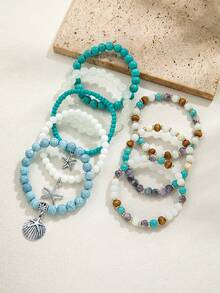 8pcs Turquoise Beaded Starfish & Shell Pendant Layered Bracelet Set, Bohemian Beach Resort Style Jewelry Suitable For Beach Vacation And Daily Commute - Multicolor - View 2