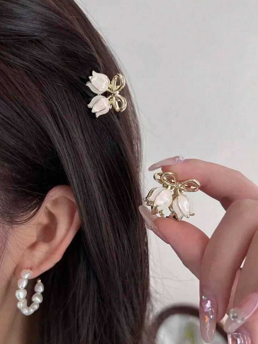 2入金色合金蝴蝶結迷你髮夾,甜美防滑女用髮飾,適合日常與派對配戴 - 米色 - 查看 1