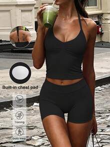 GAOVOT Bộ đồ nữ gợi cảm gồm áo hai dây cổ chữ V có đệm ngực và quần đùi cạp cao bó sát, thích hợp cho tập thể dục, yoga, luyện tập, màu đen mùa hè. - màu đen - Xem 1