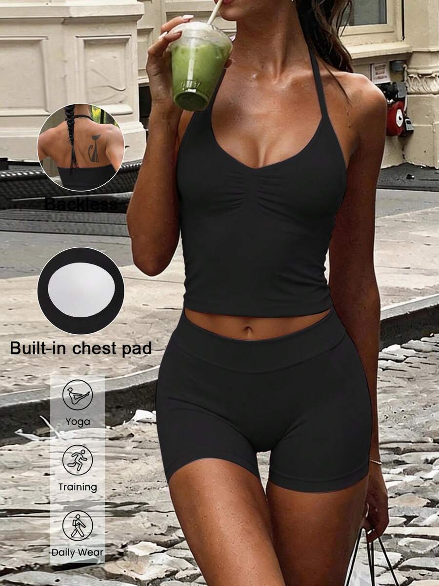 GAOVOT Bộ đồ nữ gợi cảm gồm áo hai dây cổ chữ V có đệm ngực và quần đùi cạp cao bó sát, thích hợp cho tập thể dục, yoga, luyện tập, màu đen mùa hè. - màu đen - Xem 1