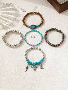 5件套波西米亚风木珠手链，饰以绿松石叶子、雏菊、牛头和高跟鞋图案，女士款 - 藍色 - 查看 4