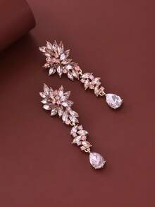 1 Pair Luxury Crystal Leaf & Water Drop Dangle Earrings, Suitable For Women's Wedding, Gala, Performance, Party And Other Occasions - Gold Pink - View 3