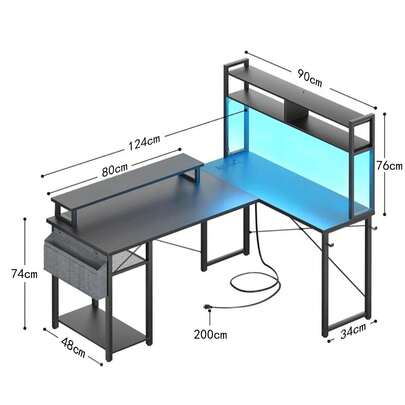 Escritorio de Juegos Pequeño con Tomacorrientes, Panel de Clavijas, Luz LED, Escritorio de Computadora en Forma de L de 43 Pulgadas con Soporte para Monitor y Estantes de Almacenamiento, Escritorio Esquinero Reversible con Ganchos para Auriculares, Negro Fibra de Carbono