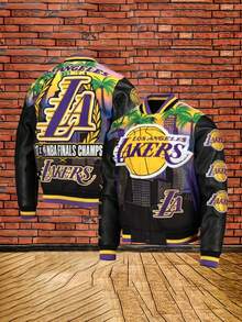 Lo-S Angeles Lakers Basketball Theme Men's And Women's Snap Button Varsity Jacket - Basketball Graphic Baseball Coat With Tropical Palm Tree And City Skyline Design Perfect For Sports Fans And Tea - 混合色 - 查看 2