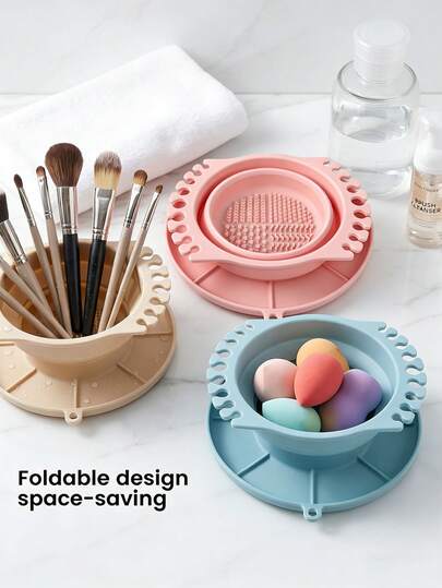 1件装可折叠硅胶化妆刷清洁器，带晾干架和收纳托盘 - 便携式清洁垫，底部带纹理，采用柔软硅胶材质，粉色、蓝色、杏色可选，包含刷架，是清洁化妆刷的理想之选，适合旅行和工作室使用，是送给艺术家、化妆师和母亲节的完美礼物。