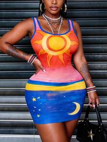 Đầm tank không tay mùa hè phong cách Boho màu xanh dương và cam phối gradient, đầm mini ôm sát gợi cảm kiểu Y2K, hoàn hảo cho kỳ nghỉ biển và phong cách đường phố. - Nhiều màu - Xem 3