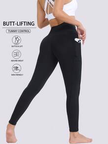 High Waist Skinny Pants With Pockets, Solid Color Outdoor Running Workout Leggings, Fitness Pilates Waist Cinching Yoga Pants, Elastic Compression Tights Sports - Black - View 3