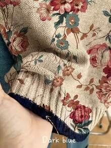 女士复古印花针织背心，圆领，常规版型，无袖套头衫，撞色滚边，适合春、夏、秋季穿着。 - 卡其色 - 查看 5