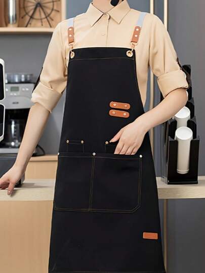 1 pieza Delantal impermeable y resistente al aceite, diseñado para mujeres y hombres, con bolsillos prácticos - ideal para usar en supermercados, restaurantes, fruterías, tiendas de leche con té