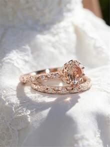 2枚女士订婚戒指，时尚个性化高端奢华立方氧化锆戒指套装，订婚结婚求婚派对礼物珠宝 - 玫瑰金 - 查看 7