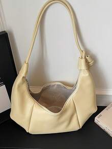 1 pezzo Borsa a spalla in PU tinta unita, borsa a mezzaluna di grande capacità alla moda, adatta per donne adulte, abbigliamento elegante e shopping all'aperto - Butter Yellow - Visualizzare 4