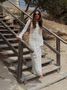 Đầm dệt kim tối giản, thanh lịch, gợi cảm phong cách Mori Girl dành cho nữ, mẫu mới Xuân/Hè. - trắng - Xem 3