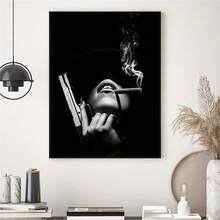 1pc Frameless Black & White Canvas Art Print,Vintage Movie Black Fashion Woman Portrait With Cigar Smoke Wall Art Poster,Suitable For Modern Western Home Decor,Living Room,Bedroom,Office,Kitchen,Bathroom Decoration,Eye-Catching Decorative Gift - A - View 13