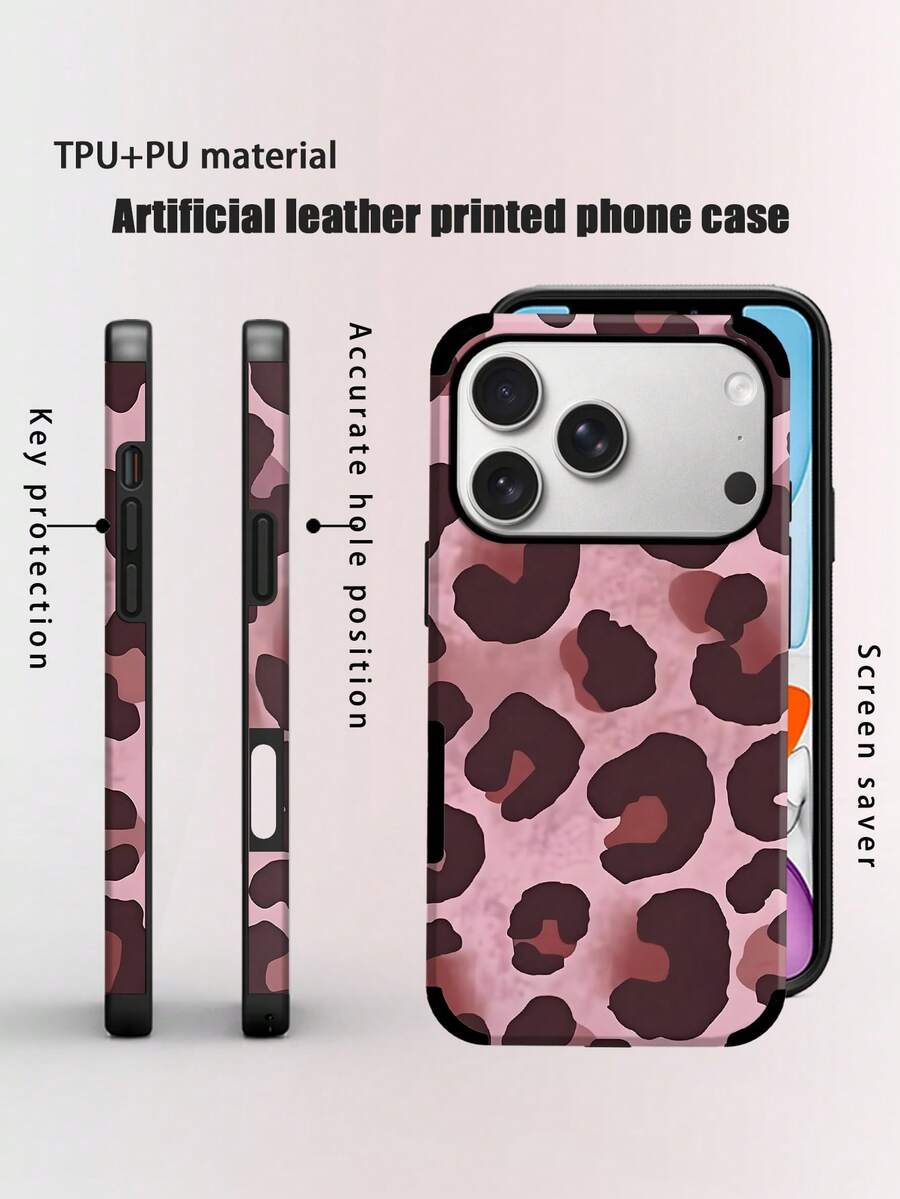 1 pieza Funda de teléfono de cuero suave con estampado vintage de leopardo, a prueba de golpes, compatible con Apple 17 Pro Max/16 Pro Max/16 Plus/13 Pro Max/14 Pro Max 13 14 11 12 Pro 11/15 Pro, Galaxy S24 Ultra, diseño con orificio para altavoz, regalo para fiestas - Rosa - Ver 1