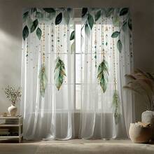 2 pièces Rideaux transparents et vaporeux élégants et luxueux style féerique avec plumes vertes et décoration dorée, design d'art moderne convenant pour la cuisine, le salon, la chambre, le balcon, parfait pour Halloween, Noël et autres décorations de fêtes, lavable en machine toutes saisons, décoration de maison, tissu léger et durable, rideaux créant une atmosphère de fête, essentiel pour la décoration intérieure, rideaux décoratifs transparents 2D - Multicolore - Voir 10