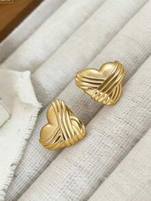 1 Pair Vintage Asymmetrical 304 Stainless Steel Heart Shaped Earrings, European And American Style For Party, Banquet, Travel, Wedding, Vacation, Daily Wear, Mother's Day Gift - Gold - View 4