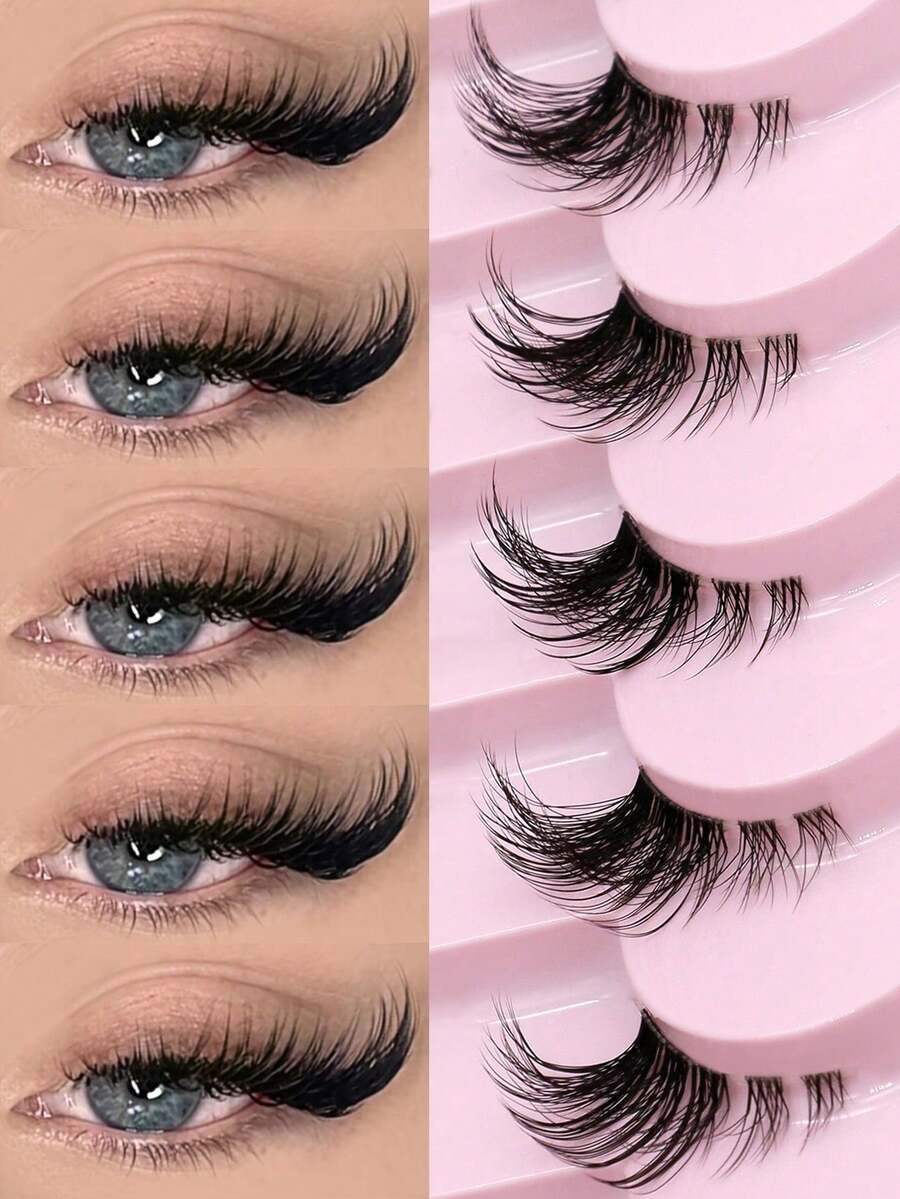 10 Pairs Half-Strip False Eyelashes, Transparent Band, Cat Eye Style, Short Soft 3D Mink-Like Natural Look Eyelashes (10B-5), Strip Eyelashes - Black - View 1