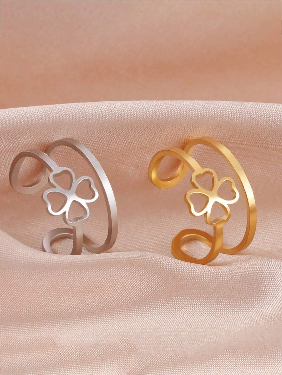 1pc Minimalist Stainless Steel Heart & Clover Adjustable Ring, Fashionable Cute Gift For Girls, Personalized Memento - Simple Series - View 1