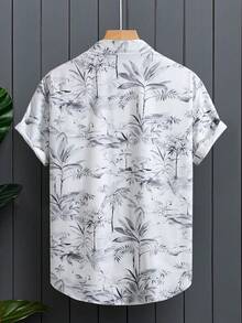 男士热带植物印花翻领纽扣前开襟休闲短袖衬衫，夏季 - 灰色 - 查看 2