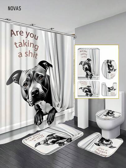 1/3/4pcs Funny Dog Shower Curtain Set, "Are You Taking A S**T" Pitbull Humor Print Bathroom Decor With Non-Slip Mats,Perfect For Home/Bedroom/ Living Room/Household Items/Summer