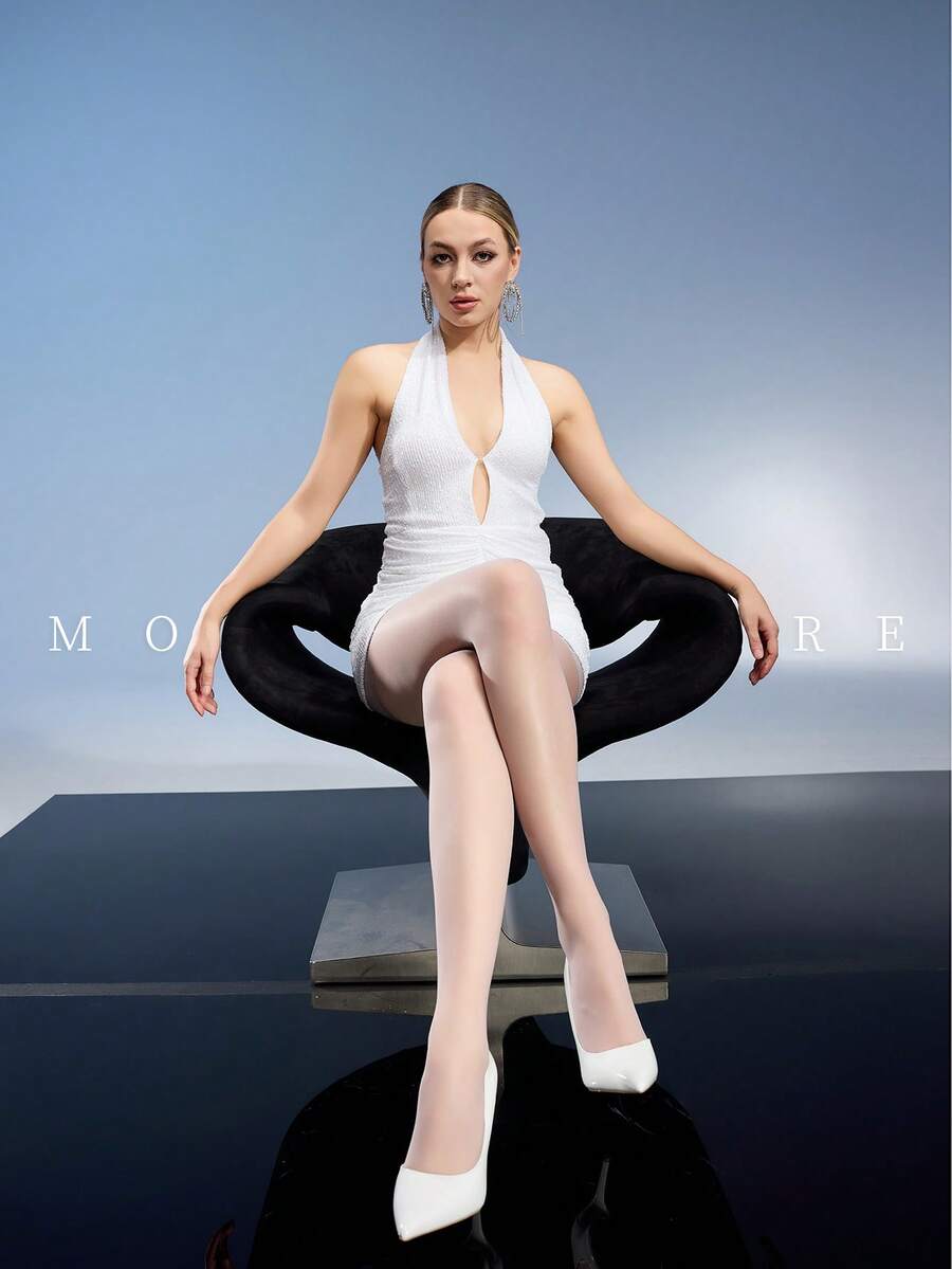 1 Pair Of Women's Solid Color Stylish Tights, Suitable For Daily Matching And Nightclub Styles - White - View 1