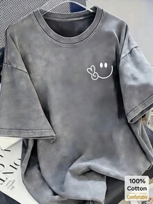 2026 Oversized Vintage Black Cotton Shirt With Face Print, Loose Fit,Vintage Washed Cotton Loose-Fit T-Shirt, Cute  Face And Heart Print - 灰色 - 查看 10