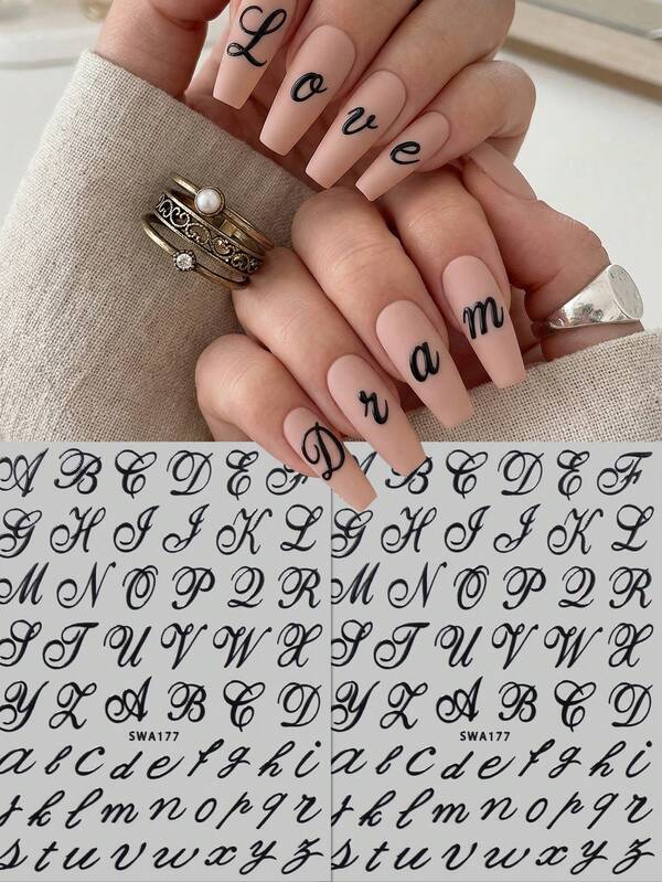 2pcs Black Gothic Style English Letter Nail Art Stickers - Retro 3D Adhesive Nail Decals - Minimalist Text DIY Decoration - Suitable For Daily, Music Festival, Party, Wedding