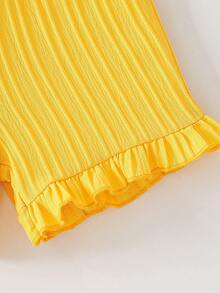 Set de 2 piezas para niñas bebé: Top con bordado floral y onda + Shorts con volantes, cómodo y refrescante estilo coreano dulce, adecuado para uso diario/casual de vacaciones - Amarillo - Ver 9