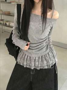 Áo thun dài tay hở vai phối ren ngọt ngào, áo tank top dây rút ôm dáng độc đáo mùa hè, bộ 2 món phong cách thường ngày mùa xuân. - Xám - Xem 8