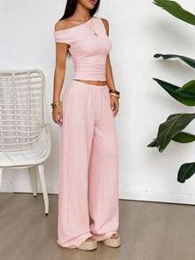 2pcs Y2K Style Sexy & Elegant Cream Yellow Knit Crop Top & Wide Leg Pants Set Summer - Dusty Pink - View 6