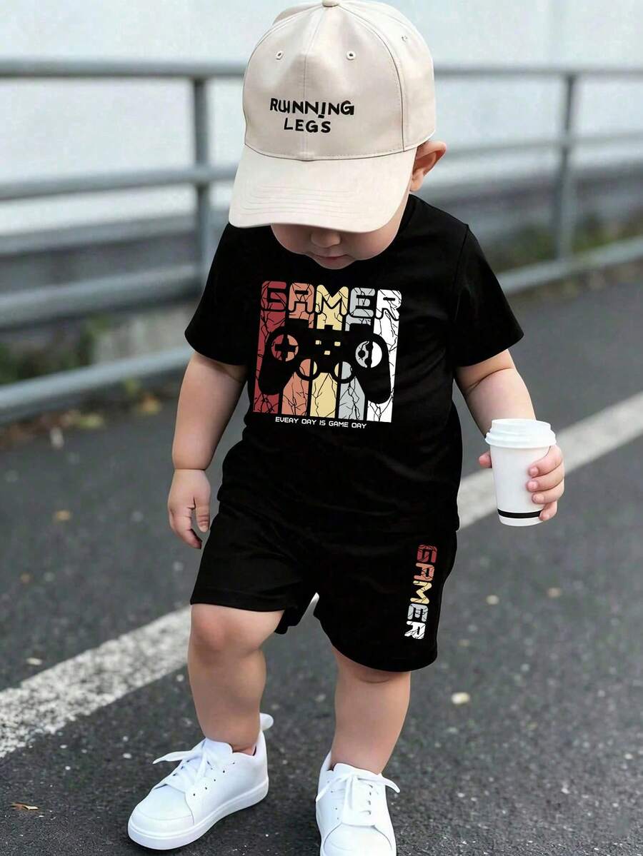 Bộ áo thun ngắn tay và quần short in hình tay cầm chơi game hoạt hình cho bé trai, thích hợp mặc mùa hè. - màu đen - Xem 1