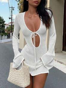 Women's New Hollow Out Sexy Beach Vacation Casual Daily Dress, Flared Sleeve Short Knit Sweater Dress, Spring/Summer/Autumn White - Màu Cam san hô - Xem 8
