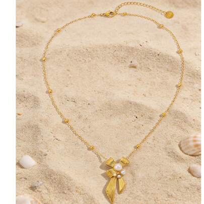 18K镀金蝴蝶珍珠吊坠项链，波西米亚风金色夏季海滩度假首饰，不锈钢精致珍珠链项链，女士款