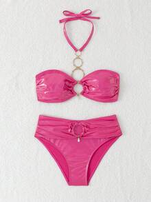 Women's Summer Beach Solid Color Metal Halter Tie Sexy Bikini Swimwear Set Vacation - Hot Pink - View 8