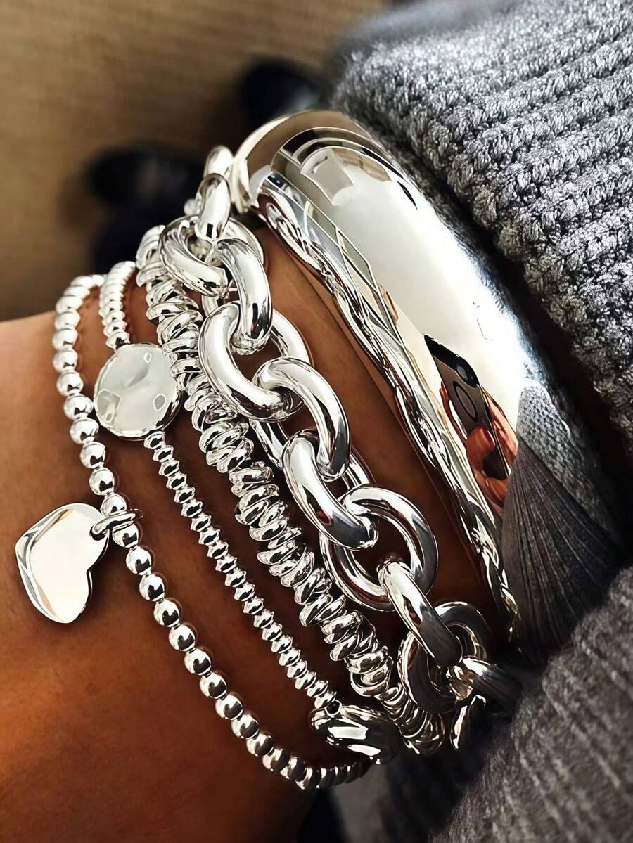 5pcs/Set Vintage Thick Silver Multilayer Bracelet Set, Fashion Personalized Chain With Pearl Heart Decor Smooth Bangle, Perfect Gift For Women - Silver - View 1