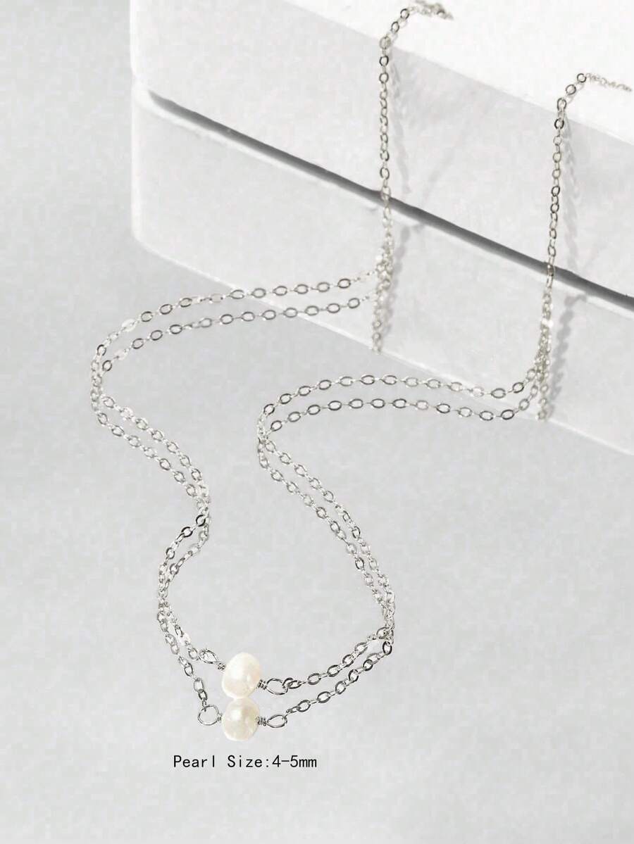 1 chiếc vòng cổ bằng bạc Sterling 925 đính ngọc trai nuôi cấy nước ngọt tự nhiên/mã não đen/ngọc lam/lapis lazuli, kiểu dáng thanh lịch tối giản, phù hợp đeo hàng ngày và trong đám cưới, có thể đeo nhiều lớp. - Bạc - Xem 1