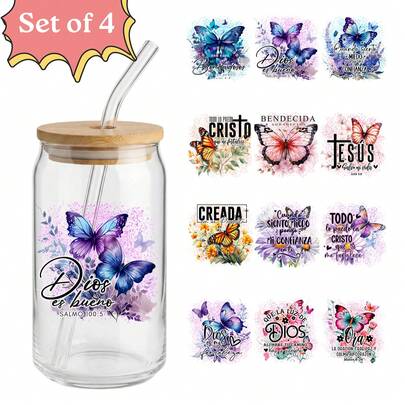 4张西班牙语基督教圣经经文UV DTF贴纸（9.4x4.3英寸），蝴蝶花卉宗教语录贴纸，适用于咖啡杯、陶瓷杯、利比玻璃杯、笔记本电脑，DIY信仰日记礼物