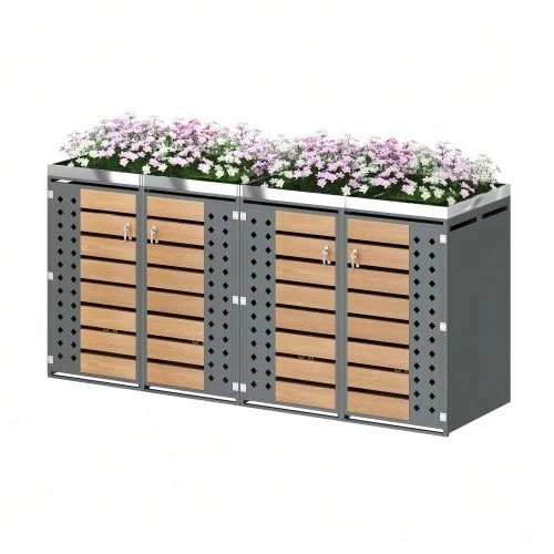 Enclosure For Waste Bin, Horizontal Wood Grain Panels, With Lock, Two Doors, Planting Area, Hollow Diamond-Shaped Door Panel - Gray 1 - View 1