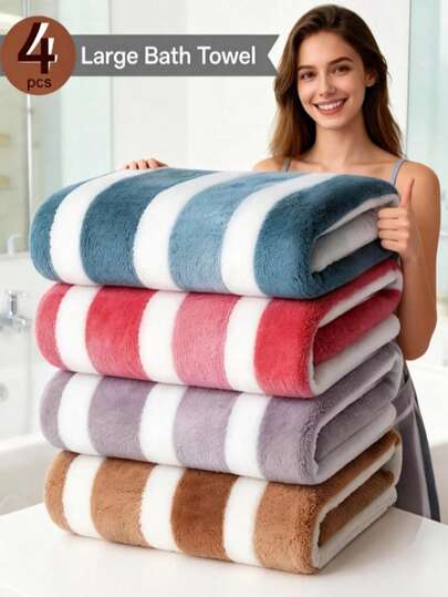 4pcs Oversized Striped Coral Bath Towel Set - Ultra-Soft, Quick-Drying, Luxurious For Home, Gym, Spa, 55x27 Inches, Bohemian Style, Multi-Color